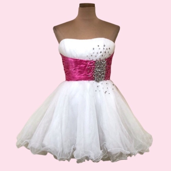 Sherri Hill Dresses & Skirts - NWOT Sherri Hill Prom Dress Size 2 White Pink Rhinestone Tulle Mini